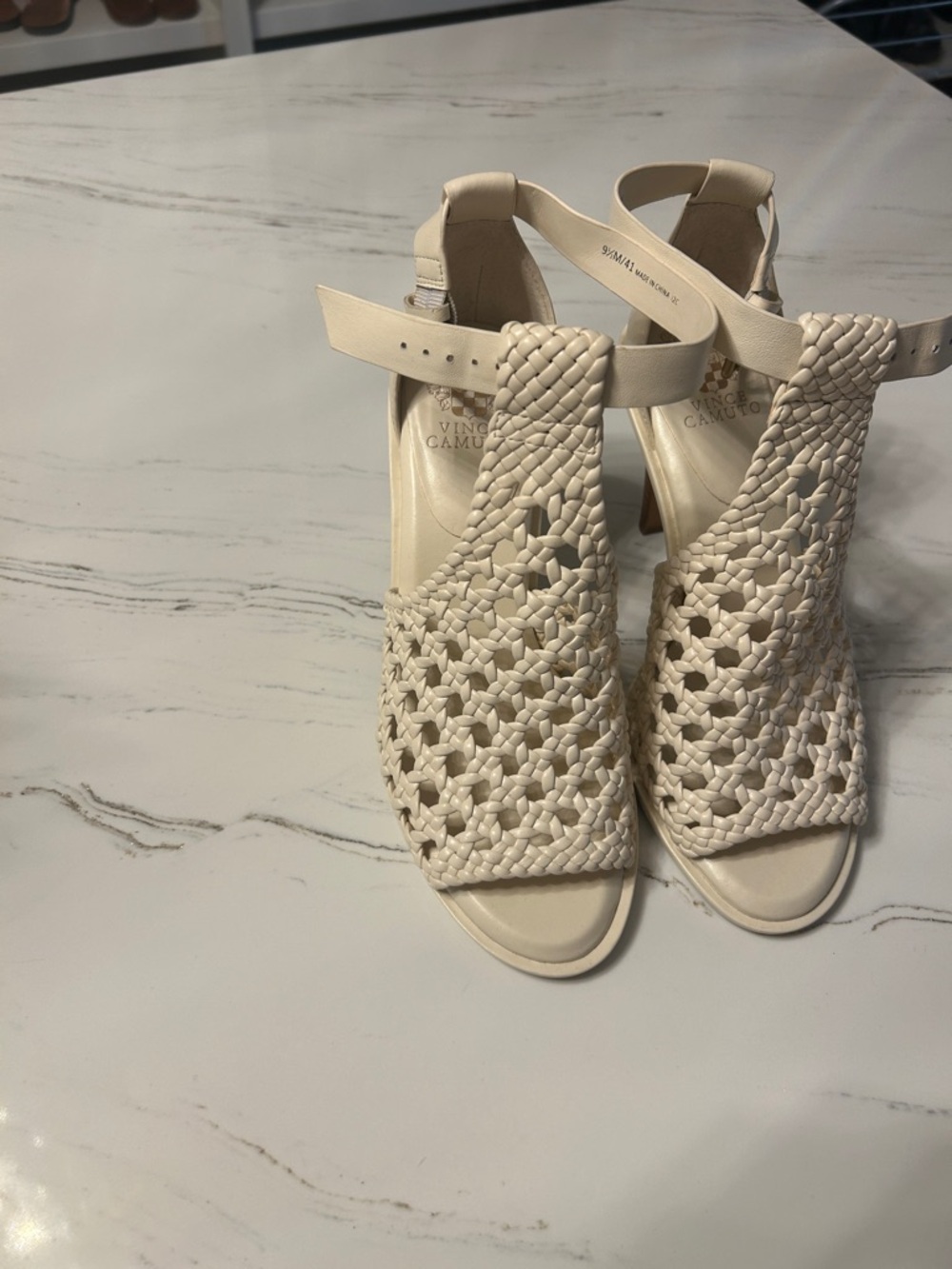 Vince Camuto Cream Woven Leather Heeled Sandal with Ankle Strap